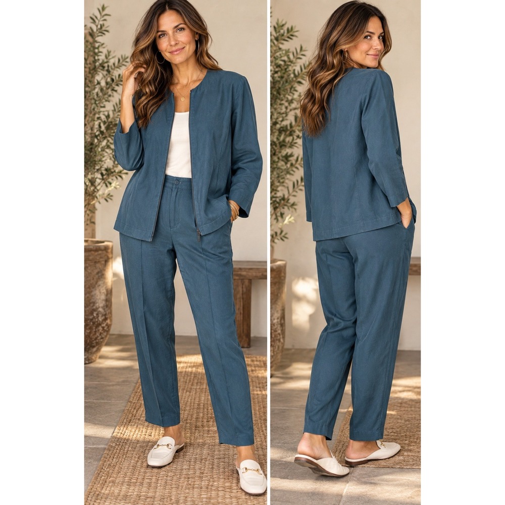 Sigrid Olsen 80s Turquoise Activewear Pants Suit Size L Teal Full Zip 2 Pc Set